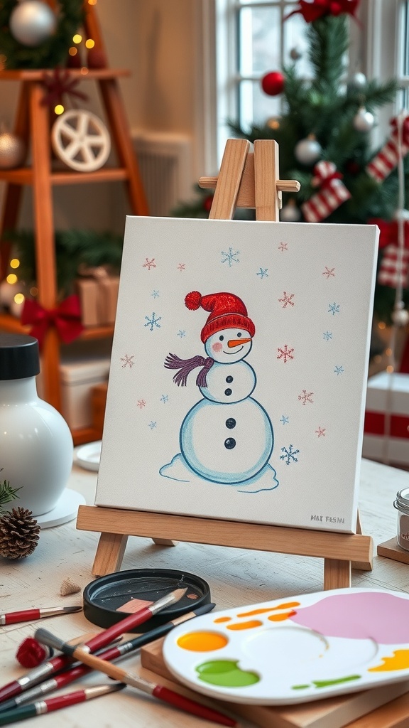 A simple Christmas painting of a snowman with snowflakes on a canvas in a festive art studio.